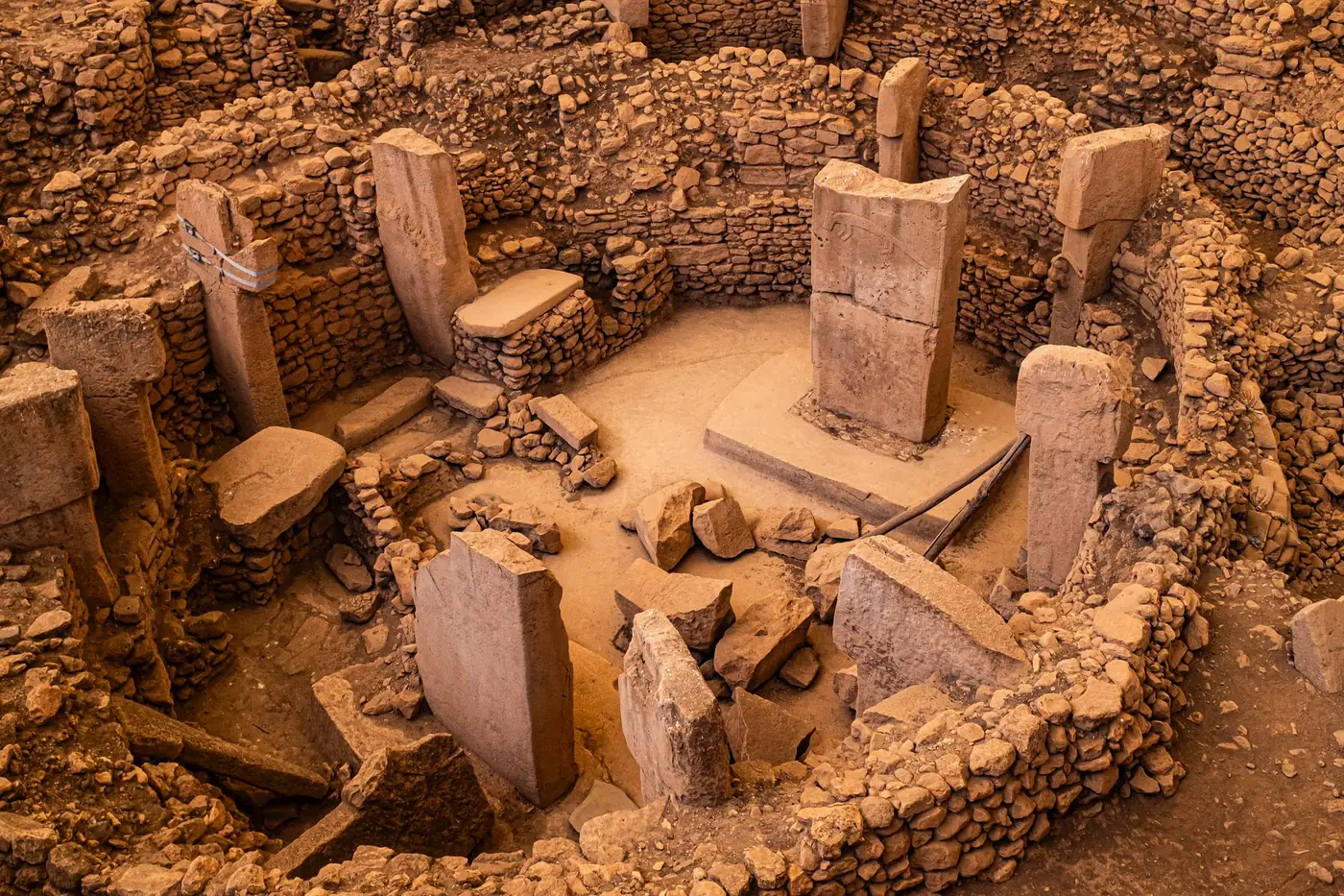 Opgegraven stenen fundamenten en zuilen van een archeologische vindplaats in Turkije