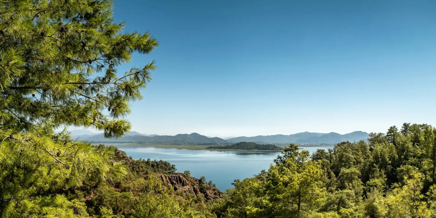 Panorama view, lake near Aegean coast, Turkey.