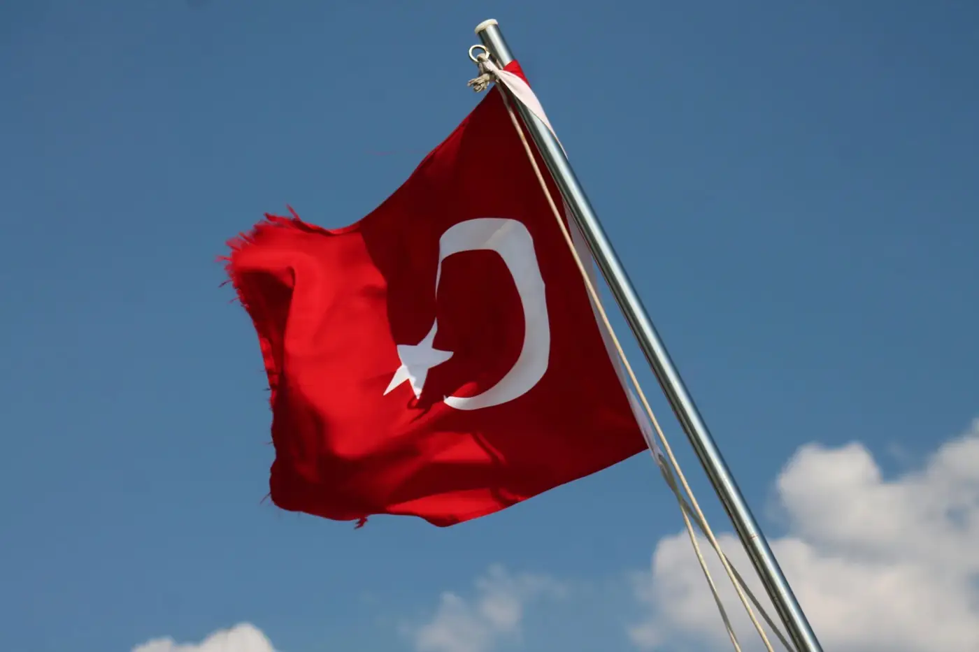 Red Turkish flag with crescent and star waving on a flagpole against a clear blue sky.