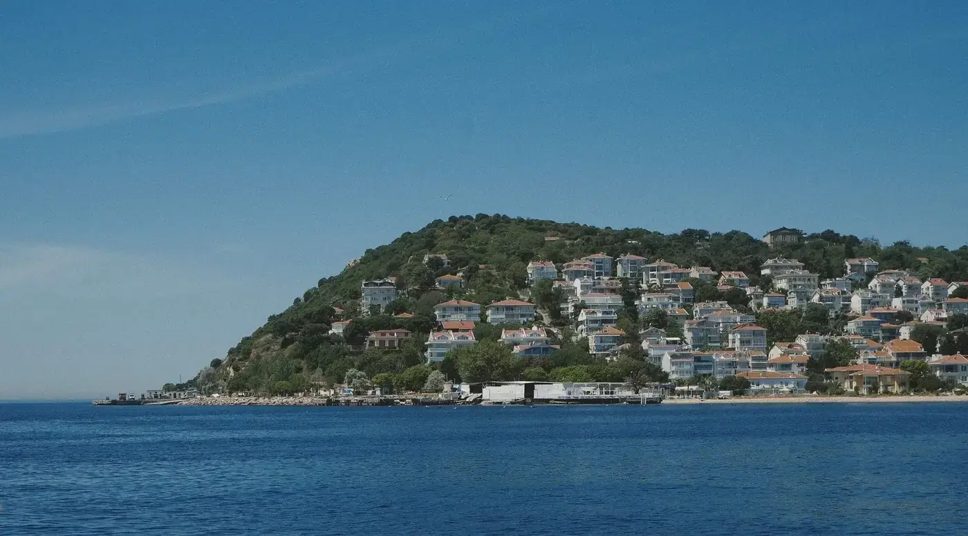 Beautiful coastal landscape of Prinkipo Island with historic houses and lush greenery.
