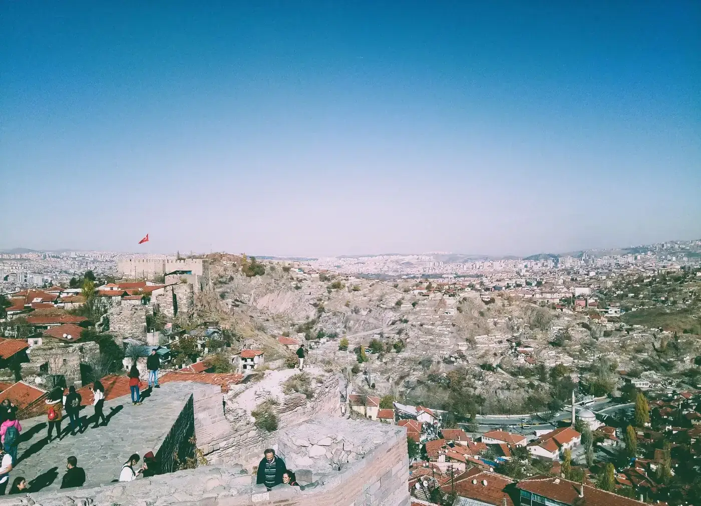 A stunning view of Ankara cityscape from Altındağ Castle with clear blue skies.