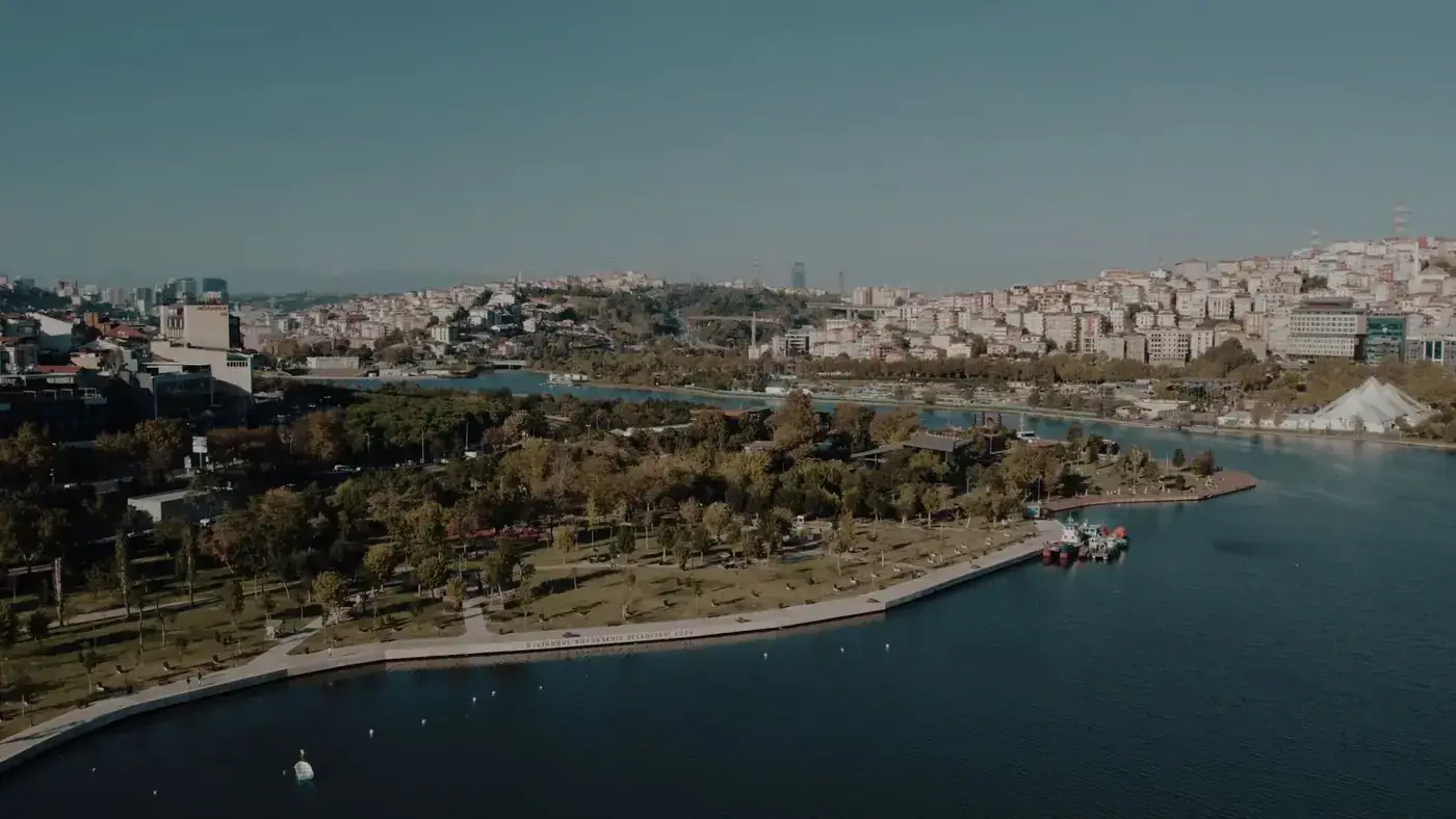 Panoramic aerial view of Istanbul's landscape featuring urban architecture and a scenic waterway.